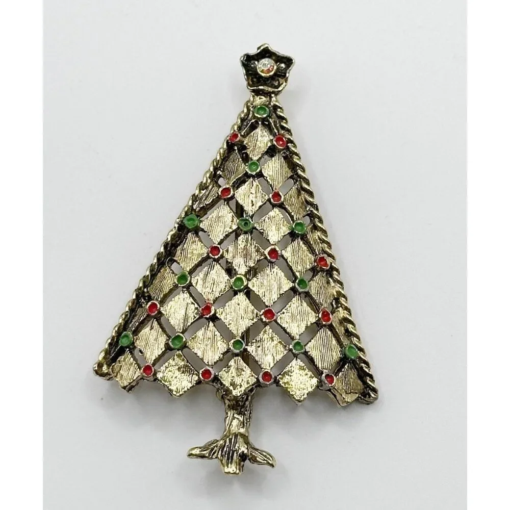Vintage Enamel Ornaments Geometric Gold Tone Xmas‎ Tree Brooch Pin